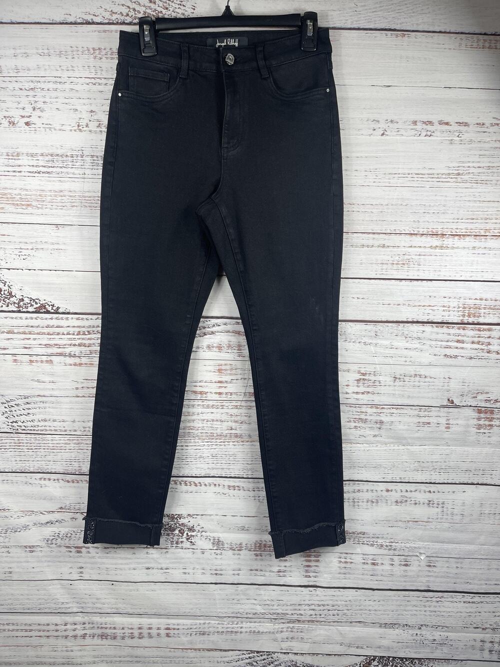 Joseph Ribkoff Jeans Women's 6 Black Skinny Ankle Rhinestone Hem Pocket Stretch